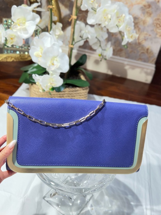 Botkier Handbags - Botkier Purple Blue Clutch with Cream & Mint Trim and Silver Chain